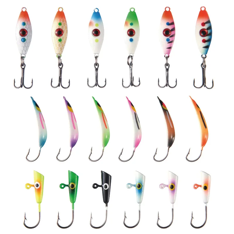 Fishing line knot control-Ice Fishing Lure Kit Glowing Paint Jigs, 18pcs assorted perch/walleye/pike jigs