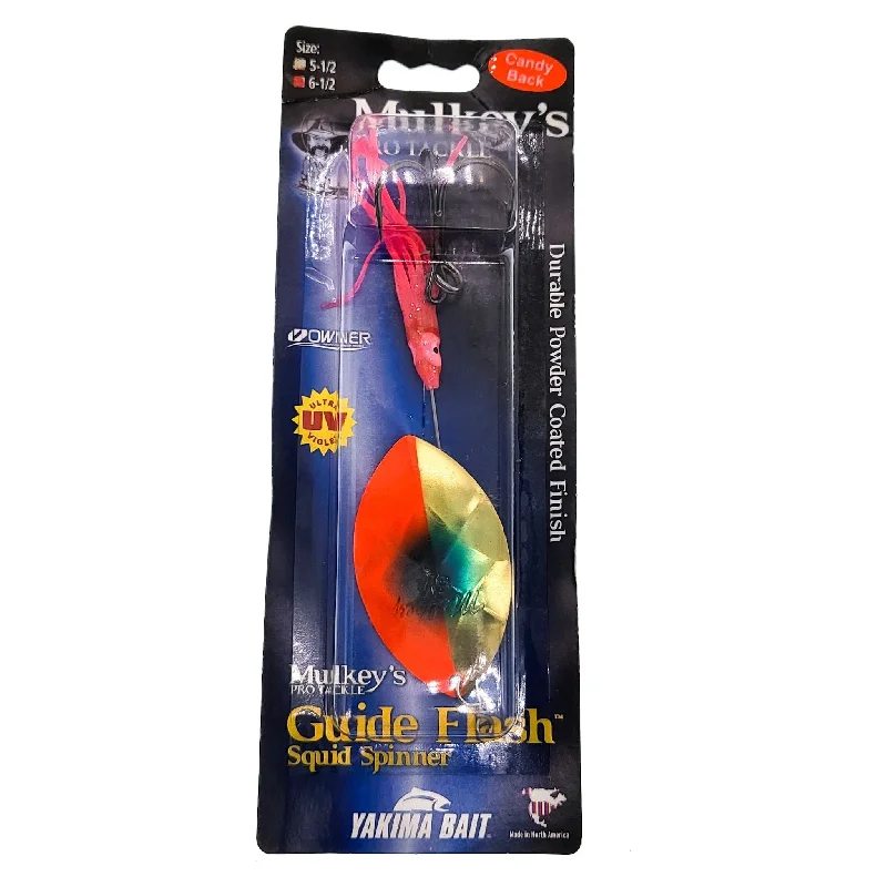 Fishing line spool winder-Yakima Bait Mulkey's Guide Flash Squid Spinner 6-1/2" Brass Flame Blue Dot